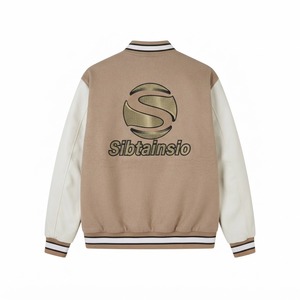Chaqueta Letterman Caqui Personalizada con Mangas de Cuero Blanco, Logotipo Bordado y Letras en las Mangas Completas, Chaqueta de Béisbol con Botones a Presión - Product Image 1