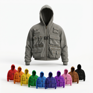 Sweat-shirts en coton épais de style français avec fermeture éclair sur le devant, logo personnalisé, design multi-poches, tendance et élégant - Product Image 1