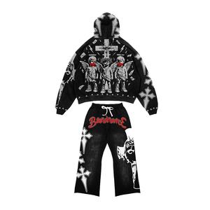 Ensemble sweat à capuche et pantalon de survêtement personnalisé évasé à fermeture éclair pour hommes hiver fabricant patch de détresse - Product Image 2