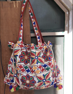 Kutch Kuchi Bohemian Banjara Jhola <b>Bag</b> Floral Pattern Eco-Friendly Canvas Casual Vintage Shoulder Strap Flap Closure Tassels - Product Image 3
