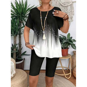 Conjunto de Dos Piezas para Mujer, Blusa de Manga Corta con Cuello Redondo y Estampado Scuba y Leggings, 37945 - Negro - Product Image 3