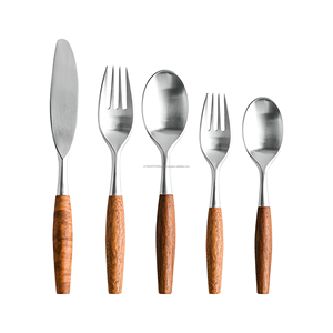 Ensemble de couverts à manche en bois en acier inoxydable poli mat de 5 pièces de vente chaude - Product Image 1