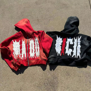 Sudadera con capucha recortada con logotipo personalizado para hombre, efecto lavado ácido, retales desteñidos al sol, diamantes de imitación bordados desgastados, 100% algodón, Invierno - Product Image 2