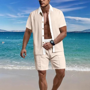 2025 été nouveaux hommes Europe et États-Unis décontracté gaufré chemise de vacances à manches courtes deux shorts ensemble - Product Image 5