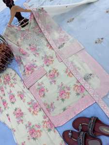 Designer élégant pour femmes en mousseline de soie pure Georgette haut travail lourd Farshi Palazzo Dupatta ensemble élégant traditionnel ethnique fête porter - Product Image 6