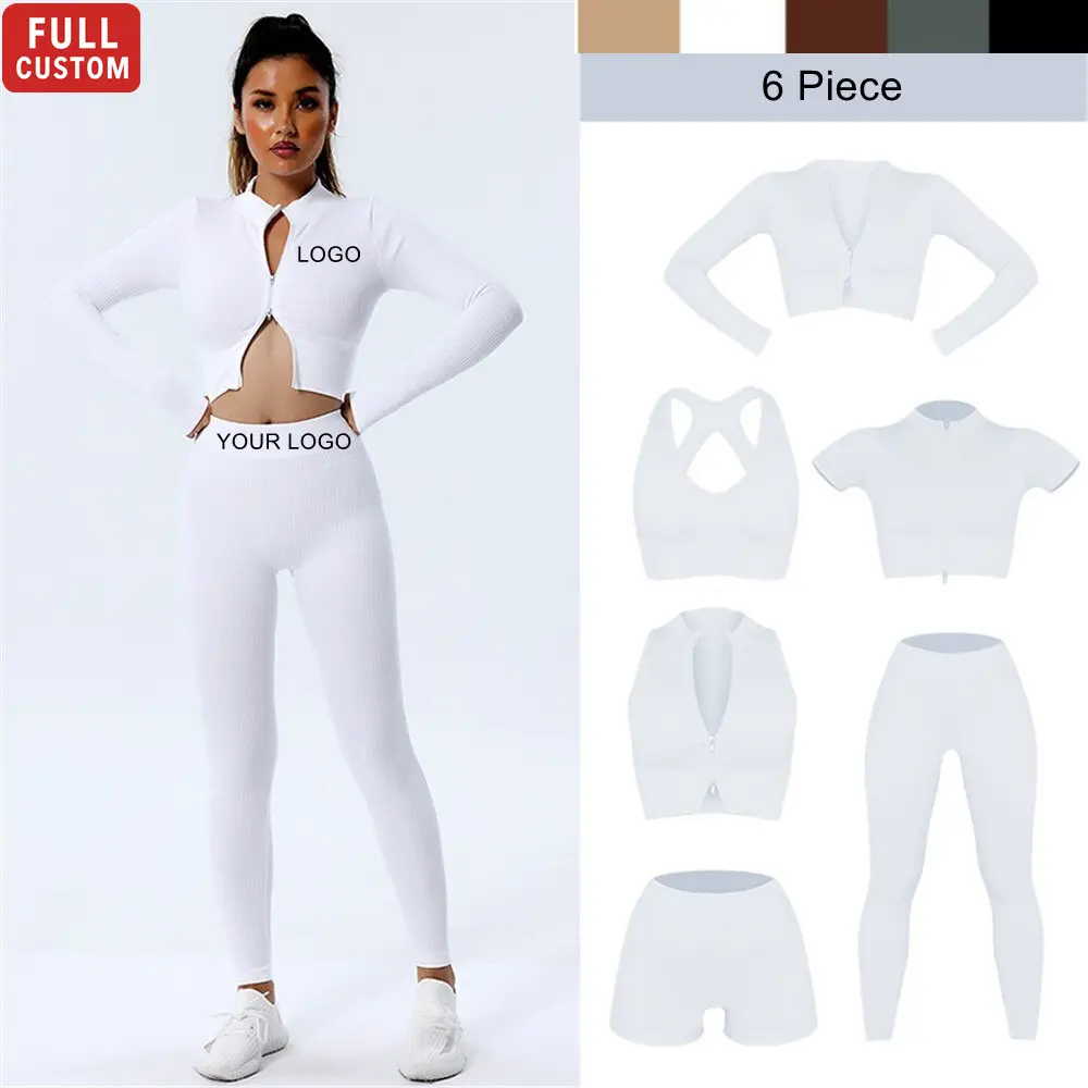 2022 Ropa Deportiva Mujer Women 6 Piece Ribbed Yoga Set Jogger Activewear Seamless Sportswear Fitness Workout Gym Sport Clothing