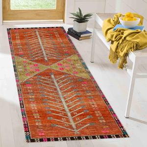 Tapis turc vintage : motif floral rose, design anatolien orange imprimé, tapis à poils doux - Product Image 4