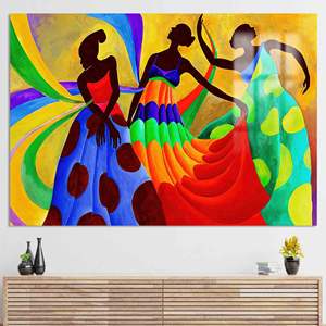 Art mural en verre avec danseurs africains vibrants - Œuvre d'art imprimée sur toile, verre - Product Image 1