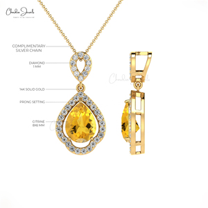 Vente chaude 14K véritable or blanc diamant pendentif de mariée 8x6mm poire coupe jaune Citrine pierre précieuse Art déco Style bijoux chrétien - Product Image 5