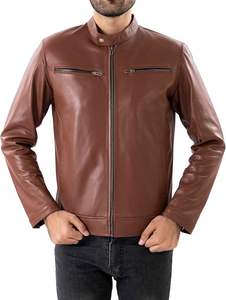 Meilleures ventes Veste marron en cuir véritable de style High Street pour hommes avec col à bouton-pression unique disponible en gros - Product Image 2