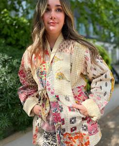 Kantha เสื้อโบเลโรแขนสั้นใส่ได้ทุกฤดู, โบฮีเมียนสไตล์ศิลปินแนวเมเนผูกด้านหน้าเสื้อแจ็กเก็ตแบบเปิดชุดกิโมโนสีเบจ - Product Image 2