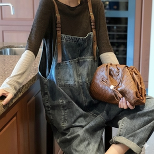 Queen and joy Malheamuhe tute morbide in Denim lavate con spalline in vera pelle rilassata tuta da ragazzo Vintage - Product Image 5