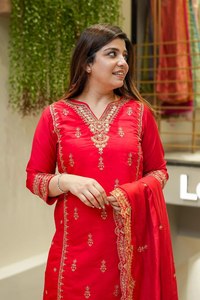 WOMEN CHANDERI SILK SALWAR KAMEEZ SET with EMBROIDERY and SEQUINS Quick Dry All Seasons for PARTY - Product Image 3