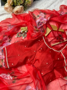 Indian Exporter Quality High on Demand Pure & Soft <b>Organza</b> <b>Silk</b> Saree Floral Prints on Heavy Hand Khatli Cut Dana & Jardosi Work - Product Image 6