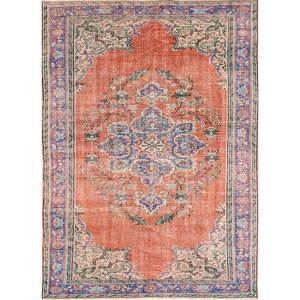 Alfombra Vintage de Lana 9x12 Roja y Naranja, Anudada a Mano, con Medallón, Rectangular, con Patrones de Rompecabezas y Patchwork, para Entrada, Pasillo y Sala de Estar - Product Image 1