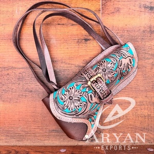 100% véritable cuir véritable Turquoise Floral outillé confortable étuis de transport ajustement universel fond ouvert étuis en coquille de mer - Product Image 1