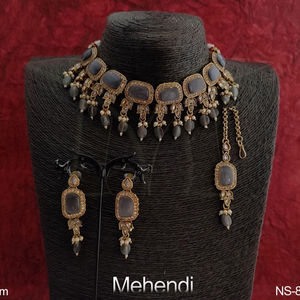 Party Wear Fancy Style Beautiful Antique Designer Choker <b>Necklace</b> Set with Maang Tikka - Product Image 1