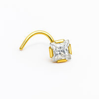 Suministro de Fábrica: Lindo Piercing de Nariz de Oro Amarillo Sólido de 14K con Circonita Cúbica de Corte Princesa de 3x3mm y Poste Curvo de 18G, Joyería para Regalo