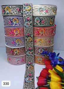 custom made embroidered thread work laces in thirteen coloured options in <b>sequins</b> embroidery in 1.5 inch width for resale. - Product Image 3