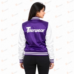 Veste universitaire en satin pour femme Tiierwear, couleur violette et blanche, blocs de couleur, boutons pression sur le devant, logo - Product Image 4