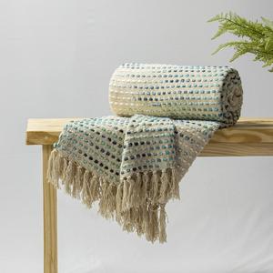 Jeté de canapé en coton tissé à la main décoratif avec bordure en franges à pampilles à tissage texturé, couverture légère - Product Image 1