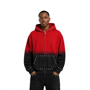 Sweat à capuche oversize pour homme, coupe carrée, avec logo personnalisé, strass, style streetwear, effet délavé soleil, teint et brossé, fermeture éclair ornée de strass - Product Image 5