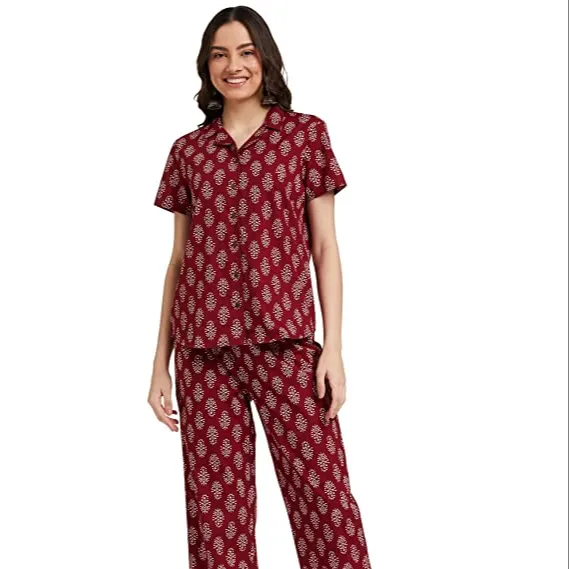 Oem Custom Bamboe Viscose Hoge Kwaliteit Casual Mode Bloemenprint Lange Pyjama 2 Delige Set Nachtkleding 1 Koper