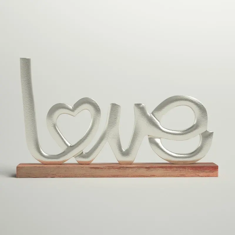 Patung atas meja Aluminium buatan tangan patung kayu mangga perak Stan kebahagiaan huruf Modern