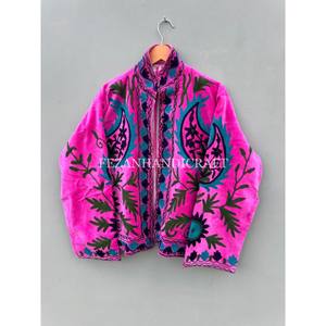Unisex Indian <b>Women's</b> <b>Velvet</b> <b>Jacket</b> with Floral Embroidery Stand Collar Cotton Lining for Autumn and Winter Parties - Product Image 4