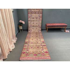 Vintage Turkish Rug, 2.9x13.5 ft <b>Runner</b> Rug, Brown <b>Red</b> Animal Print Rug - Product Image 1