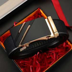 Genuine Leather Formal <b>Belt</b> Cow Hide Solid Black Geometric Box Frame Buckle Alloy Men's Dress <b>Belt</b> - Product Image 4