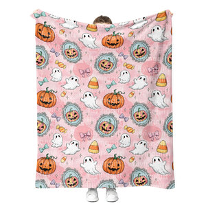 Cute Pink Halloween Ghosts Pumpkins Bows Patrón Manta Maqueta gratis Diseños personalizados sin costuras Impresiones Mantas de felpa - Product Image 2