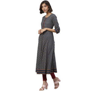 Conjuntos Elegantes para Mujer, Kurta Anarkali de Algodón con Estampado Floral en Azul, 48 Pulgadas - Product Image 4