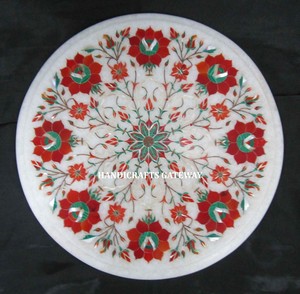 Hot Selling White Marble Inlay <b>Work</b> Red Color Flower Design <b>Table</b> Top Indian Handcraft Beautiful Handmade Round Shape <b>Table</b> Top - Product Image 1