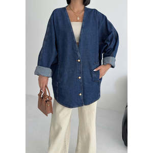 XLove Jeans Women's Oversize Batwing Sleeve Dark Rinse <b>Denim</b> Jacket, Mid-Length Button Closure Street Style <b>Coat</b> - Product Image 1
