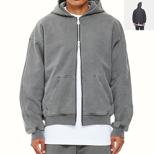<b>Men</b> Full Zip up Hoodie Custom Logo Cotton French Terry Puff Print High Quality Heavyweight Vintage Acid Wash Zip up Hoodie - Product Image 4