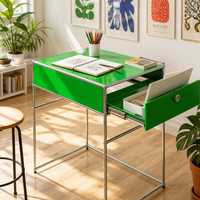 Bureau d'écriture en métal vert avec tiroir, table compacte pour ordinateur, pieds chromés, poste de travail, taille personnalisée, bureau à domicile