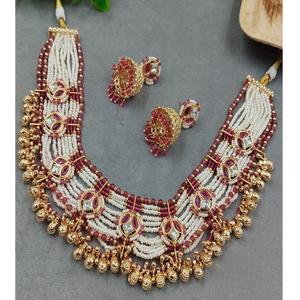 Ensemble collier et boucles d'oreilles plaqué or de qualité supérieure, aspect perle rouge et blanc, pour mariage, collection pour femmes et filles. - Product Image 1