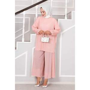 ชุดฮิญาบคอกลม2ชิ้นแบบลำลองทรงหลวมพิมพ์ลายและสีทึบสำหรับคอลเลกชันผงชาวมุสลิมในฤดูใบไม้ผลิ - Product Image 1