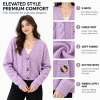 Cardigan boutonné pour femme FNJIA, lavande, manches longues, col en V, tricot torsadé, pull décontracté, fabricant de vêtements à marque privée