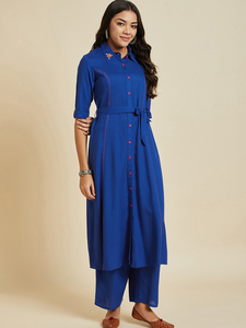 ชุด Kurta และ Palazzo สำหรับผู้หญิงชุดกระโปรงสีฟ้าเข้มดีไซน์อินเดียแบบดั้งเดิมใหม่ล่าสุดทันสมัย - Product Image 4