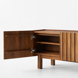 Meuble TV VERTICO en bois de manguier massif à nervures |   Meuble de rangement pour salon avec 2 étagères et 2 compartiments |   Hôtel Moderne - Product Image 5