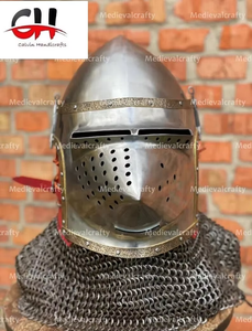 Clic para Ampliar Casco Medieval Hundshughel de Acero Calibre 14 con Visera Abatible, Artículo de Regalo de Calvin Handicraft - Product Image 4