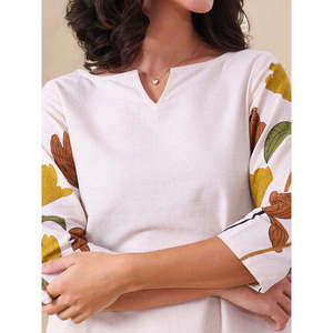 DEEBACO Women's Cotton White Floral Co-ord Set <b>Split</b> Neck Long Tunic With Ankle <b>Trouser</b> Summer Spring Casual Western Wear Outfit - Product Image 2