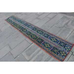 1.8x10.7 ft Turkish <b>Runner</b> Rug, Blue <b>Green</b> Vintage Check Wool Rug - Product Image 2