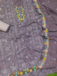 Foux Jorjet para mujer New Lakhnavi Warp Style Dress Tela de algodón con Santon Silk Bottom Dupatta Disponible como traje Salwar Gown - Product Image 3