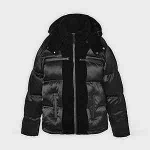 Chaqueta de Plumón para Hombre, Diseño de Panel de Terciopelo, Tejido Mixto, Color Negro con Estampado de Leopardo, Aislante, Cálida, para Invierno, con Capucha y Cierre de Cremallera - Product Image 5