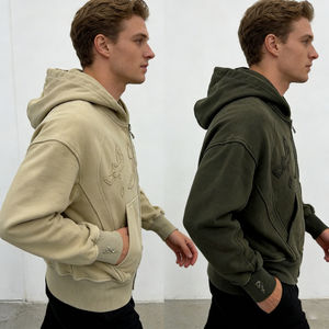 เสื้อฮู้ดดี้ผู้ชายสไตล์วินเทจสีเบจเขียวมะกอกทรงครอปโอเวอร์ไซส์ แต่งลายปักอักษรอาหรับ ซิปยาวเต็มตัว ลุคสตรีทแวร์ - Product Image 2