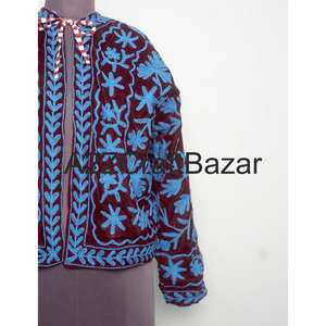 Exporter Of Classy Winter <b>Velvet</b> <b>Jacket</b> Floral Embroidery O-Neck Suzani-Style Border Full Sleeve Pure Cotton Lining Breathable - Product Image 2