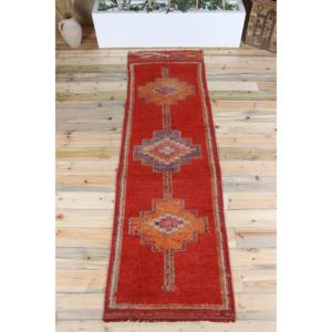 Alfombra Vintage Estilo Runner, Alfombra Turca de 2.5x8.7 pies, Alfombra de Lana Roja con Diseño Geométrico - Product Image 1
